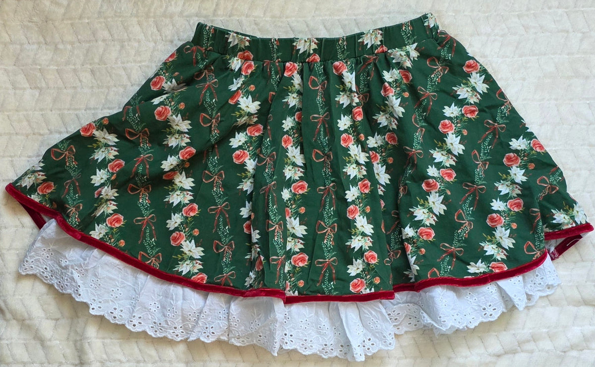 #190 Girls 10Y Love & Grow Floral Holiday Green Red Velvet Trim Holiday Skirt
