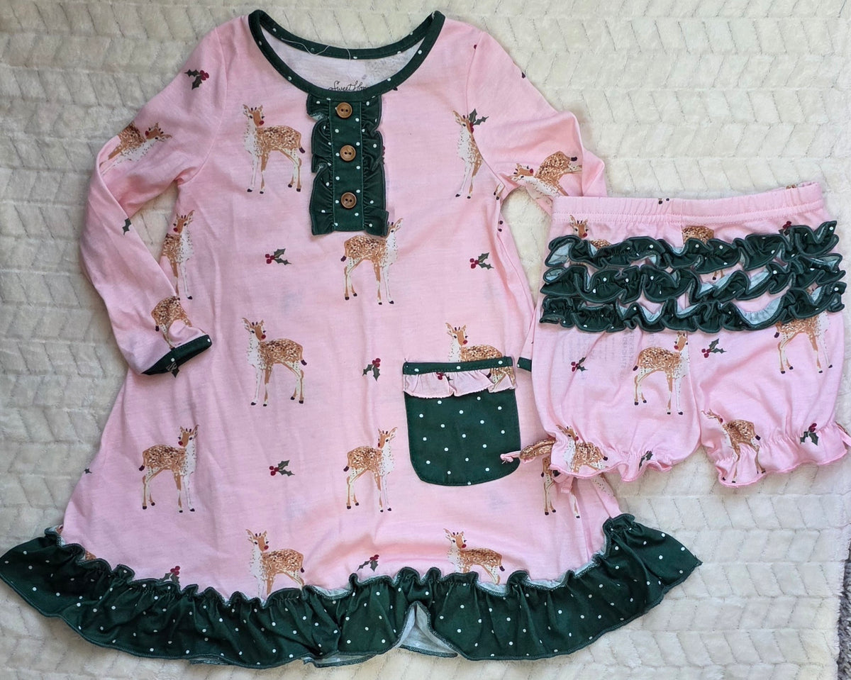 #190 Girls 2T Sweet Honey Nightgown Pink Deer, Long Sleeve, Ruffle Hem NWOT