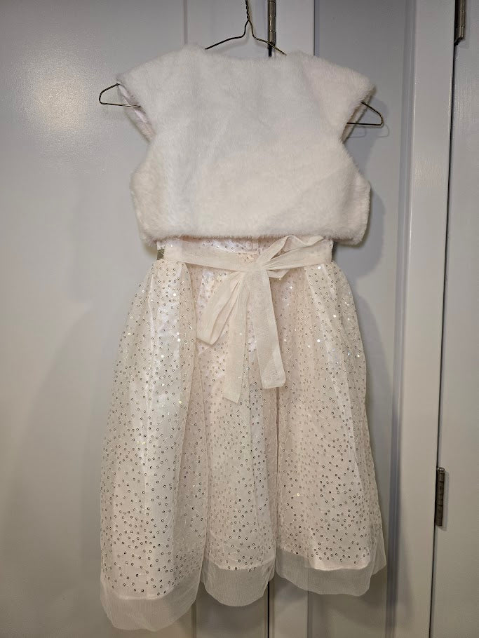#131 Jona Michelle girls cream and gold sequin dress with faux fur shrug sz 6