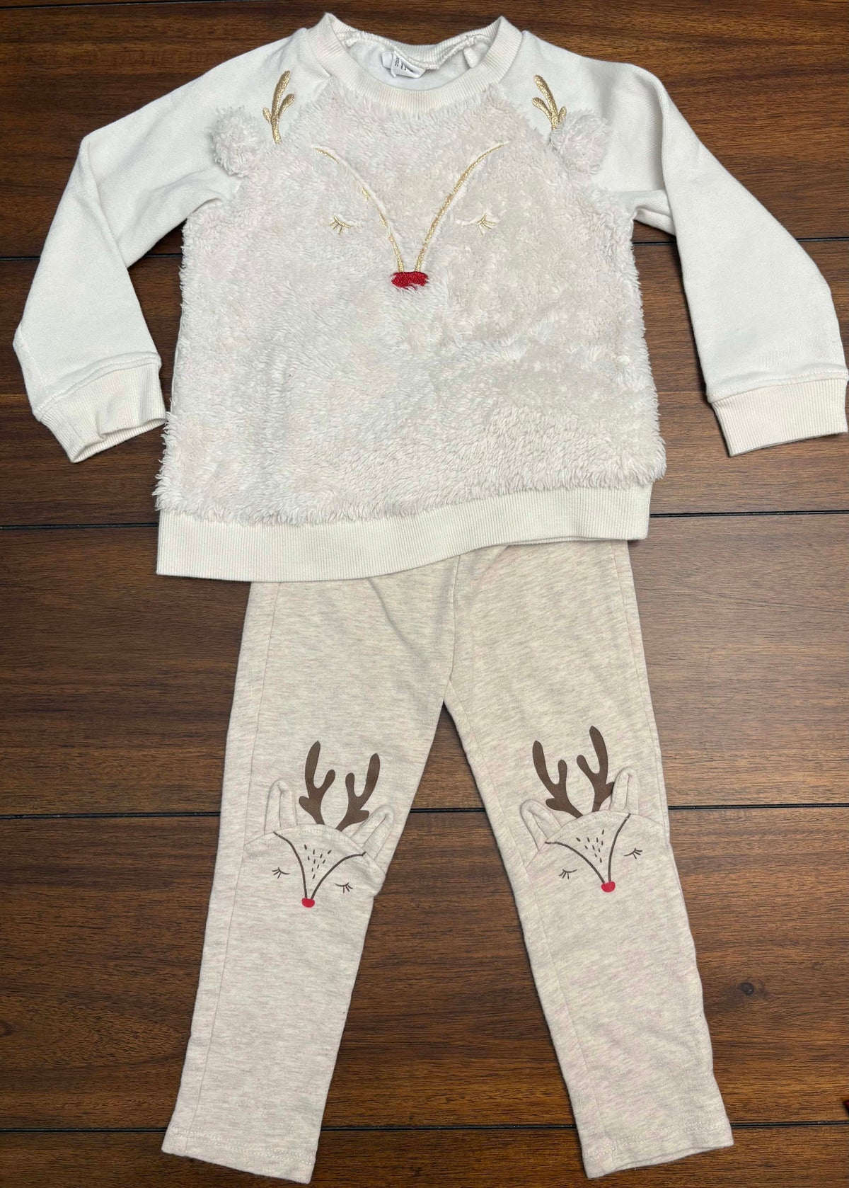 #197 Gap Girls Size 2 Cream Reindeer Fleece Top & Leggings Set
