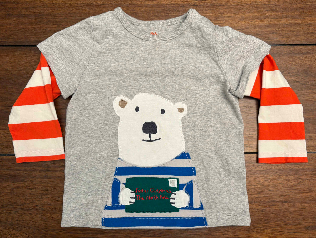 #197 Baby Boden Boys Size 12-18M Gray Polar Bear Embroidered Long Sleeve Top