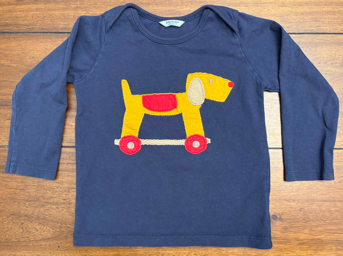 #197 Baby Boden Boys Size 18-24M Navy Rocking Horse Embroidered Long Sleeve Top