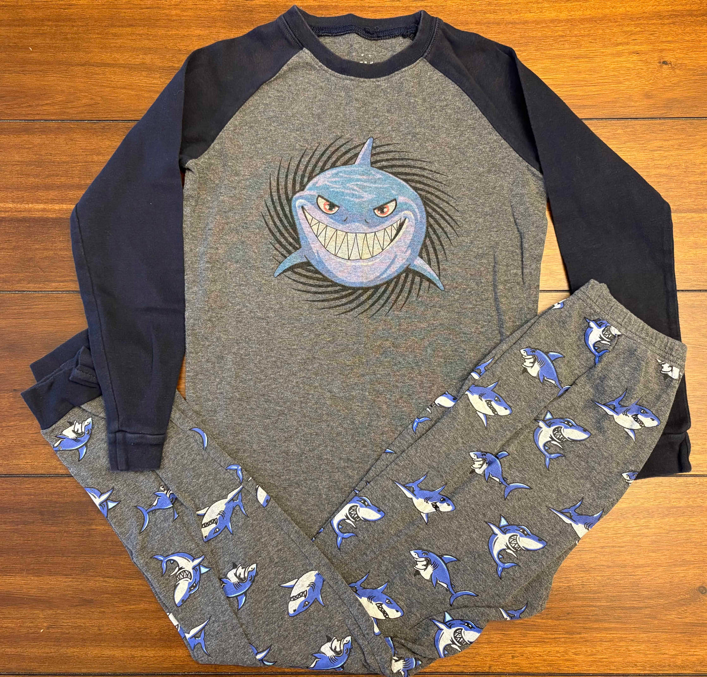 Seller #210 Boys Size 10 Gray & Navy Shark Long Sleeve Top & Pants Pajama Set