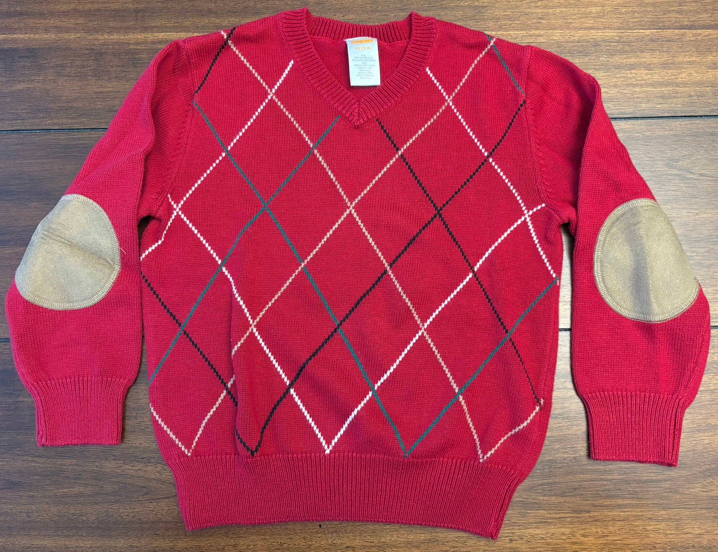 Seller #210 Gymboree Boys Size 3-4 (XS) Red Christmas Sweater with Suede Elbow Patches