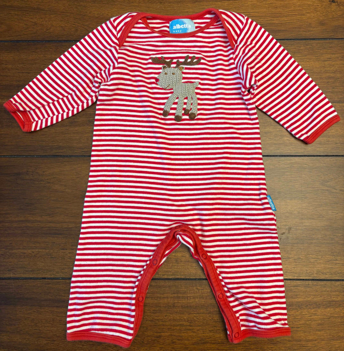 #197 Albetta Baby Boys Size 3-6M Red & White Striped Crocheted Reindeer One Piece Romper
