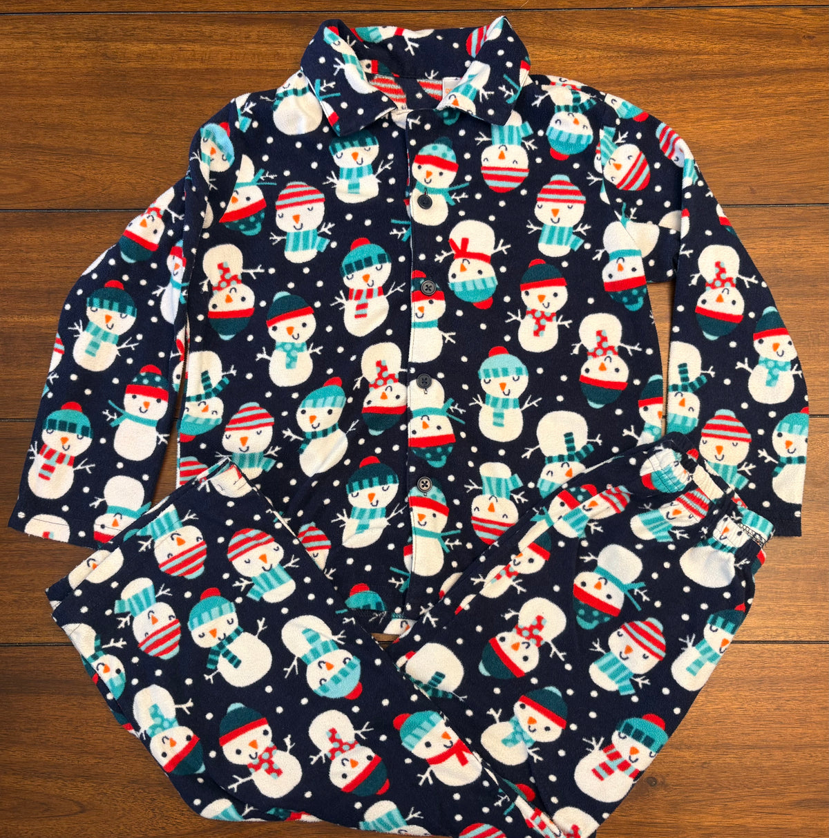 #197 Gymboree Boys Size 5-6 (S) Navy Snowman Fleece Button Down Top & Pants Pajama Set