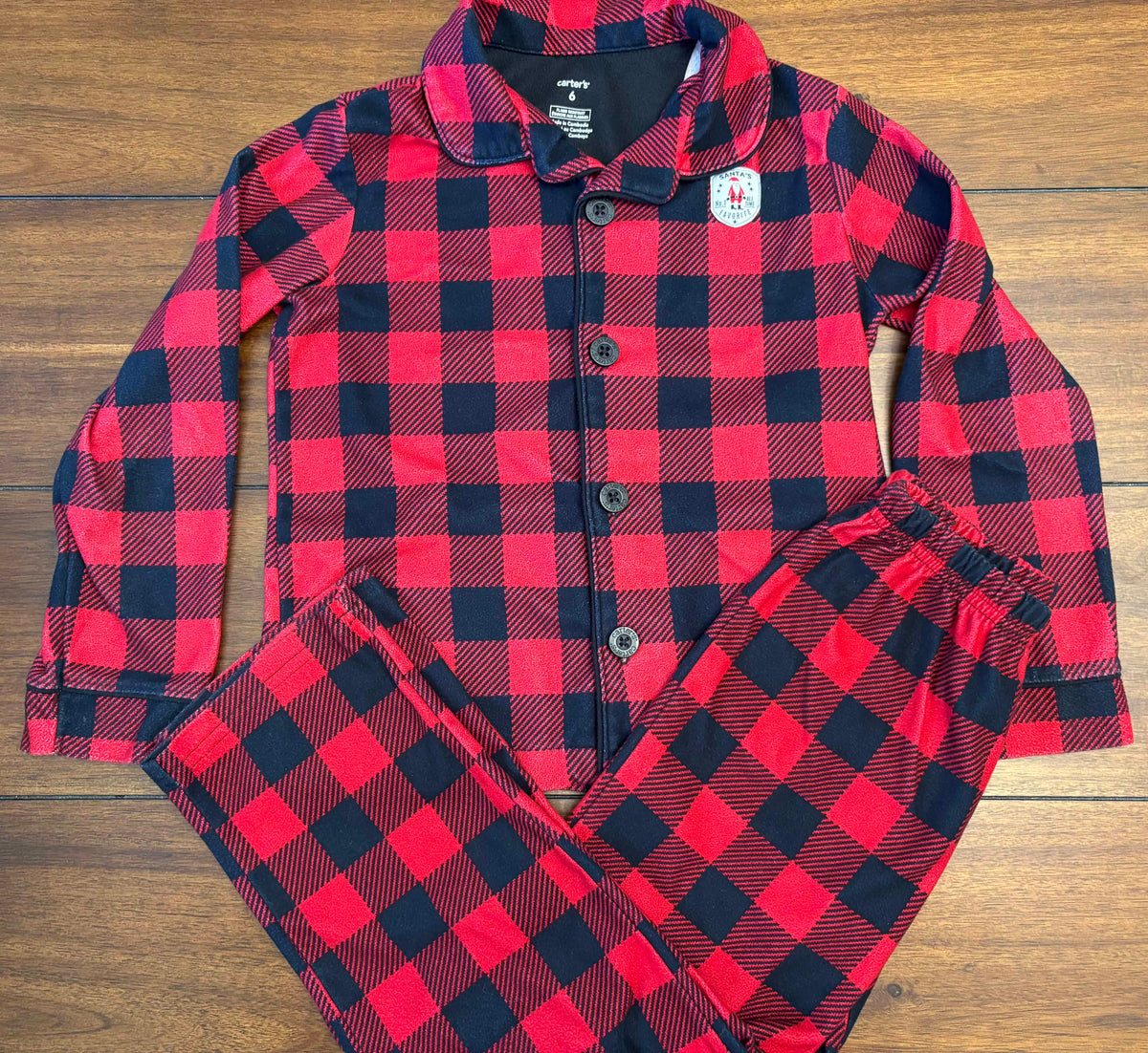 #197 Carter's Boys Size 6 Red & Black Buffalo Plaid Flannel Button Down Top & Pants Pajama Set