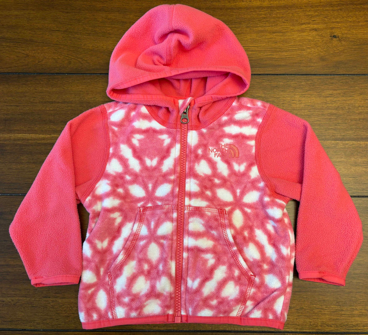 #197 North Face Girls Size 6-12M Pink Hooded Fleece Coat