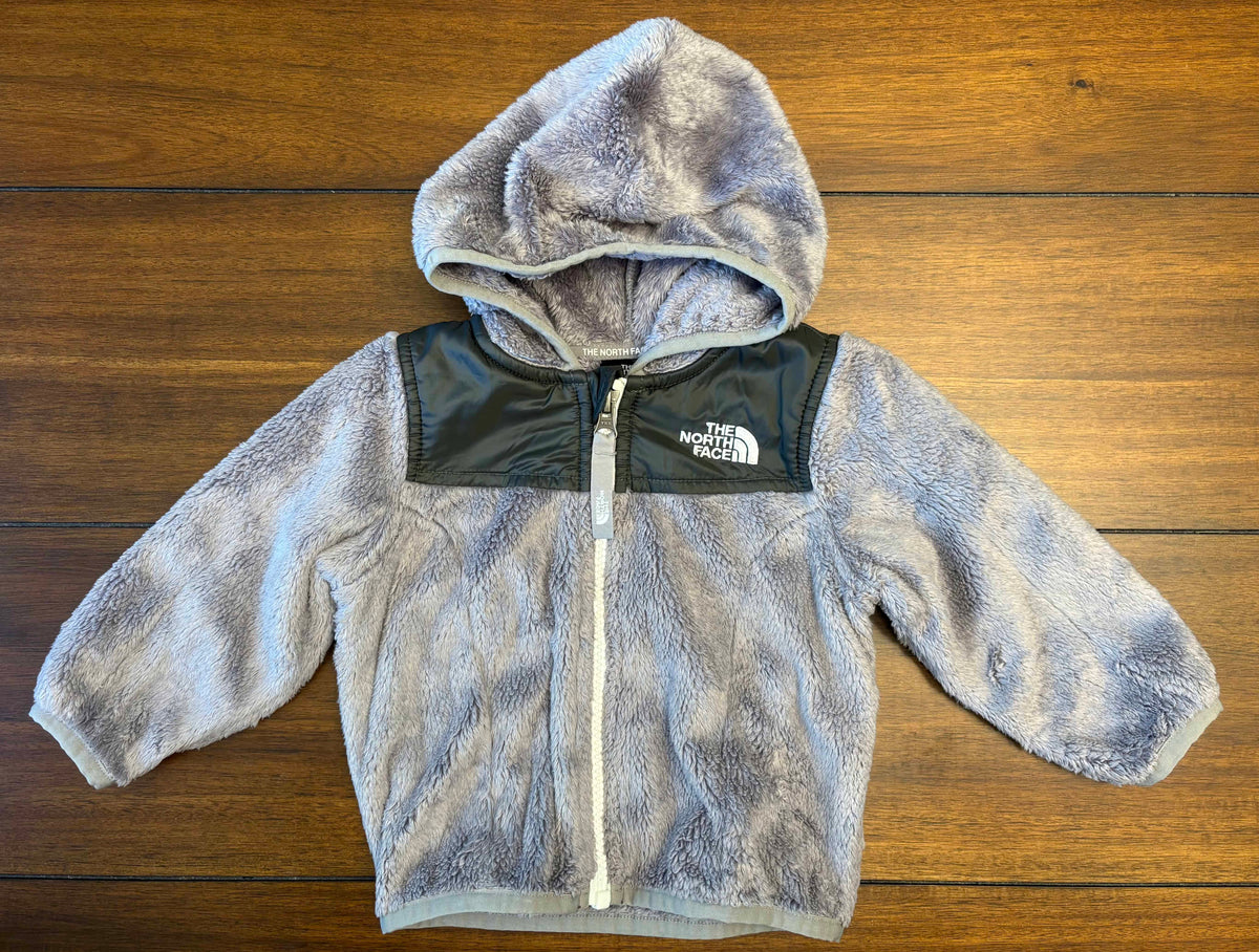 #197 North Face Girls Size 6-12M Gray Hooded Fuzzy Fleece Coat