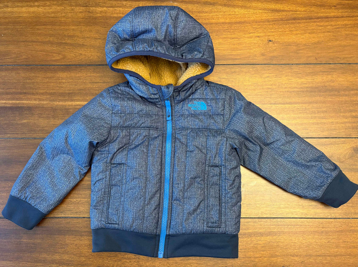 #197 North Face Boys Size 3T Navy Hooded Fleece Lined Winter Coat