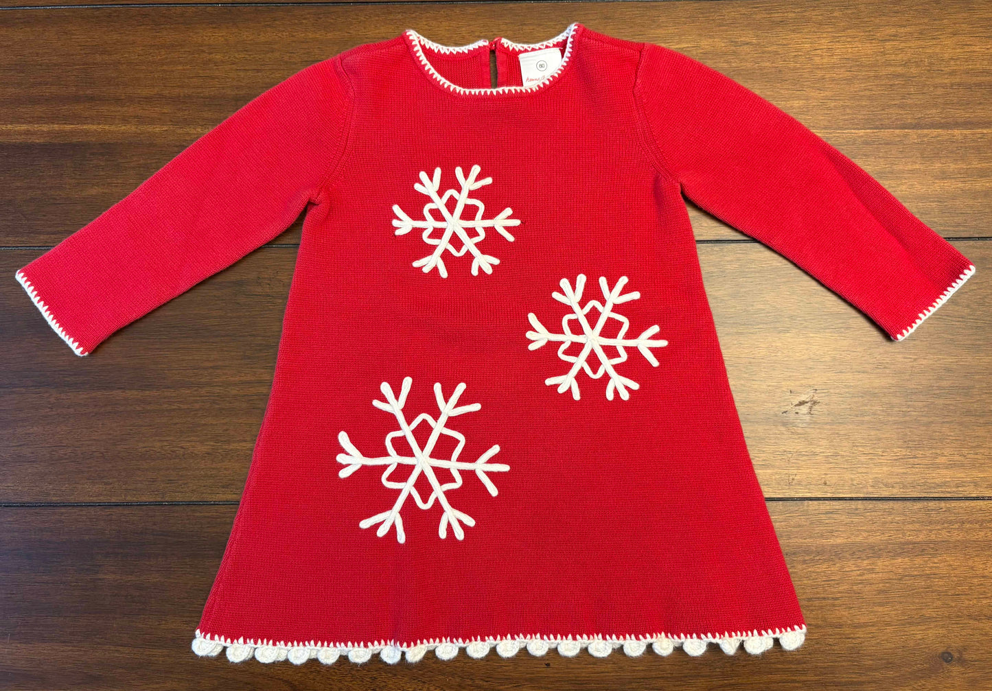 Seller #210 Hanna Andersson Girls Size 2 (80) Red Sweater Dress with White Embroidered Snowflakes