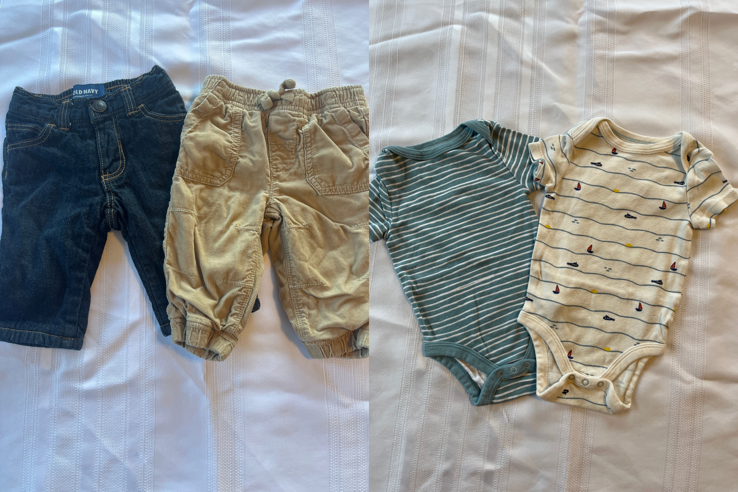 #29 3-6 mo Boys Cloud Island onesies and LINED pants bundle EUC