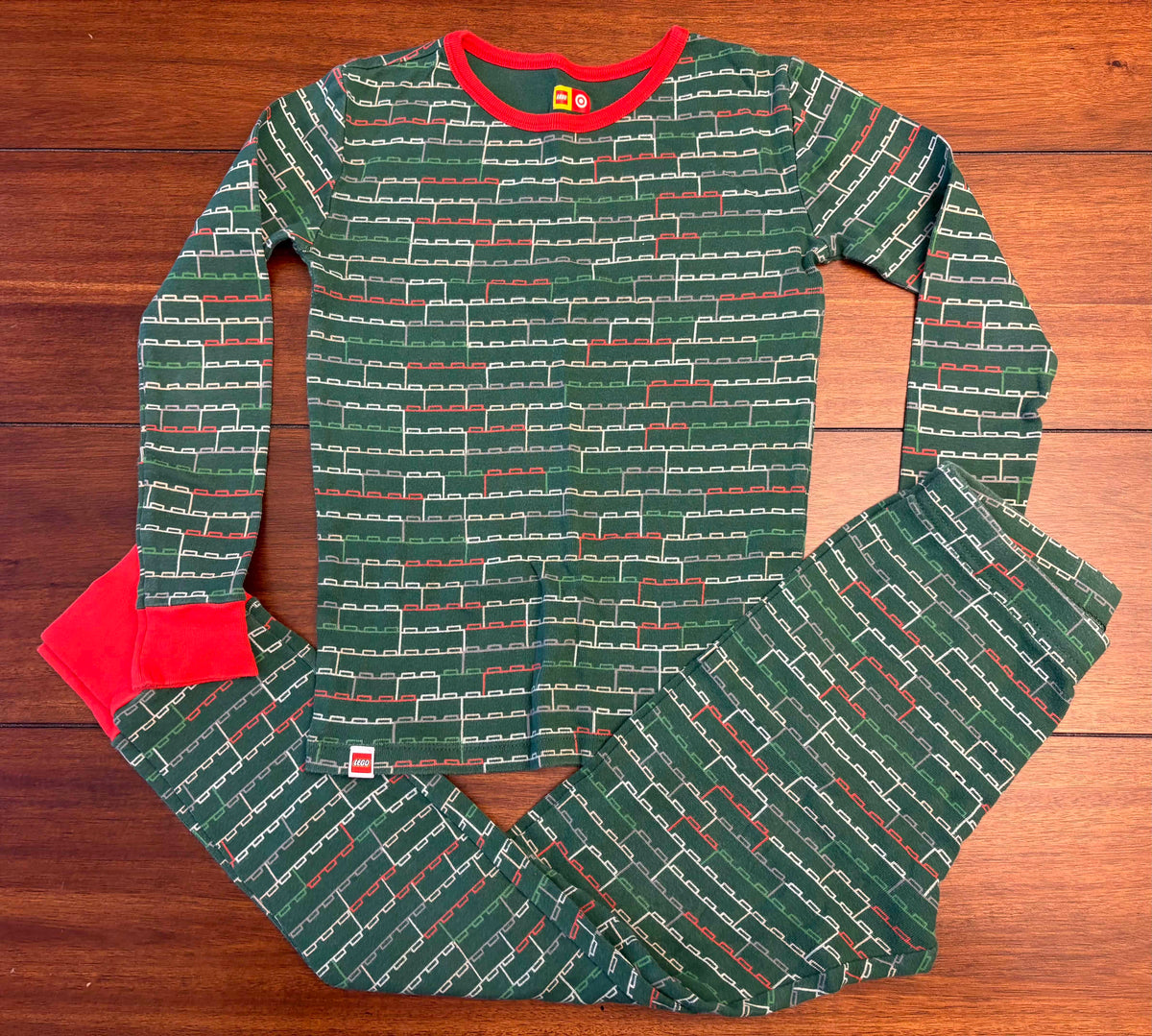#197 Lego by Target Boys Size 8 Dark Green Lego Bricks Long Sleeve Top & Pants Pajama Set