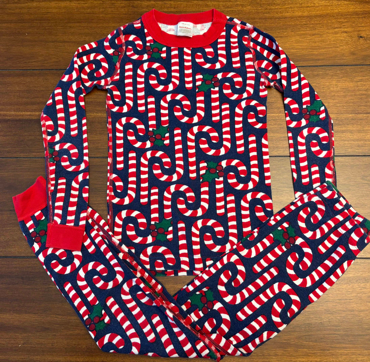 #197 Hanna Andersson Boys Size 8 (130) Navy Candy Cane Long Sleeve Top & Pants Pajama Set