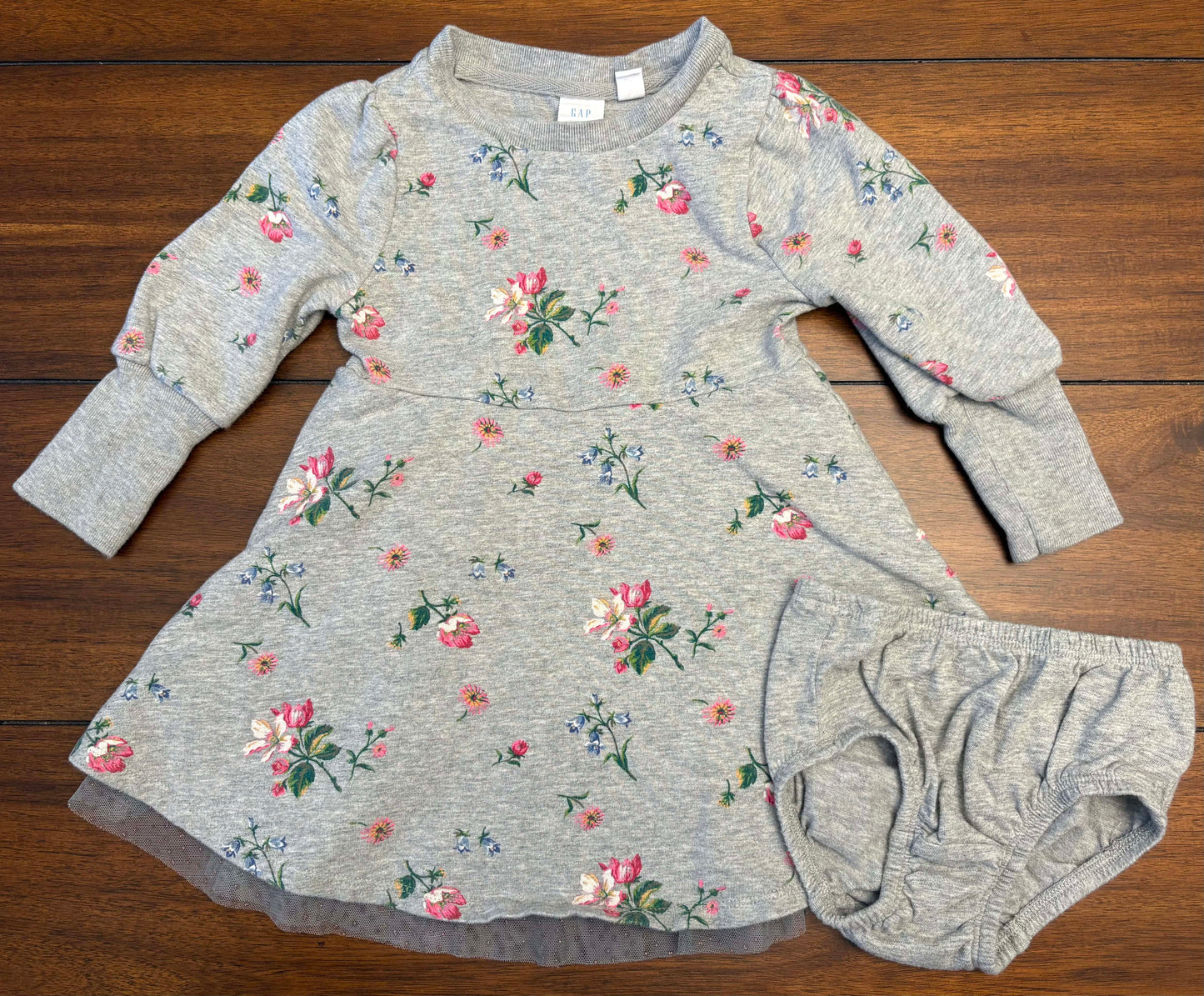 Seller #210 Baby Gap Girls Size 2 Gray Flowered Long Sleeve Sweatshirt Dress with Tulle with Diaper Cover