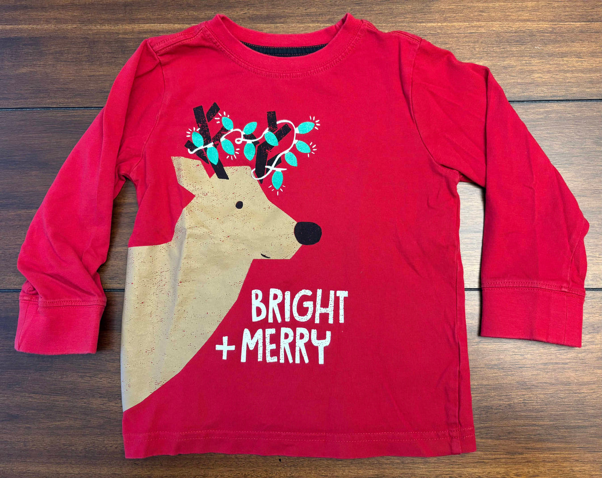 #197 Gymboree Boys Size 2T Red Reindeer Merry & Bright Long Sleeve Top
