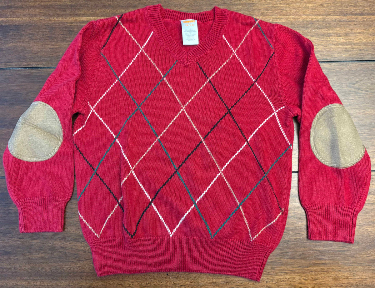 #197 Gymboree Boys Size 3-4 (XS) Red Christmas Sweater with Suede Elbow Patches