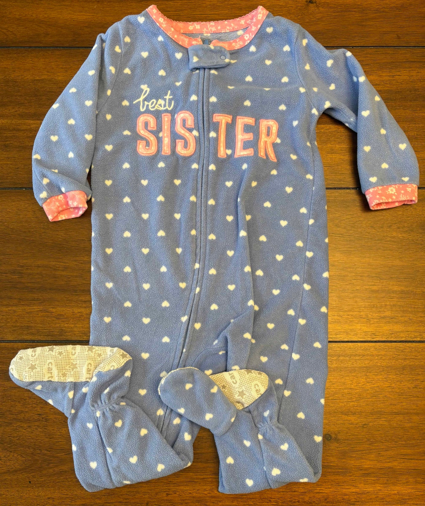 Seller #210 Carter's Girls Size 18M Blue with White Hearts Best Sister Fleece Footed Zipper Sleeper