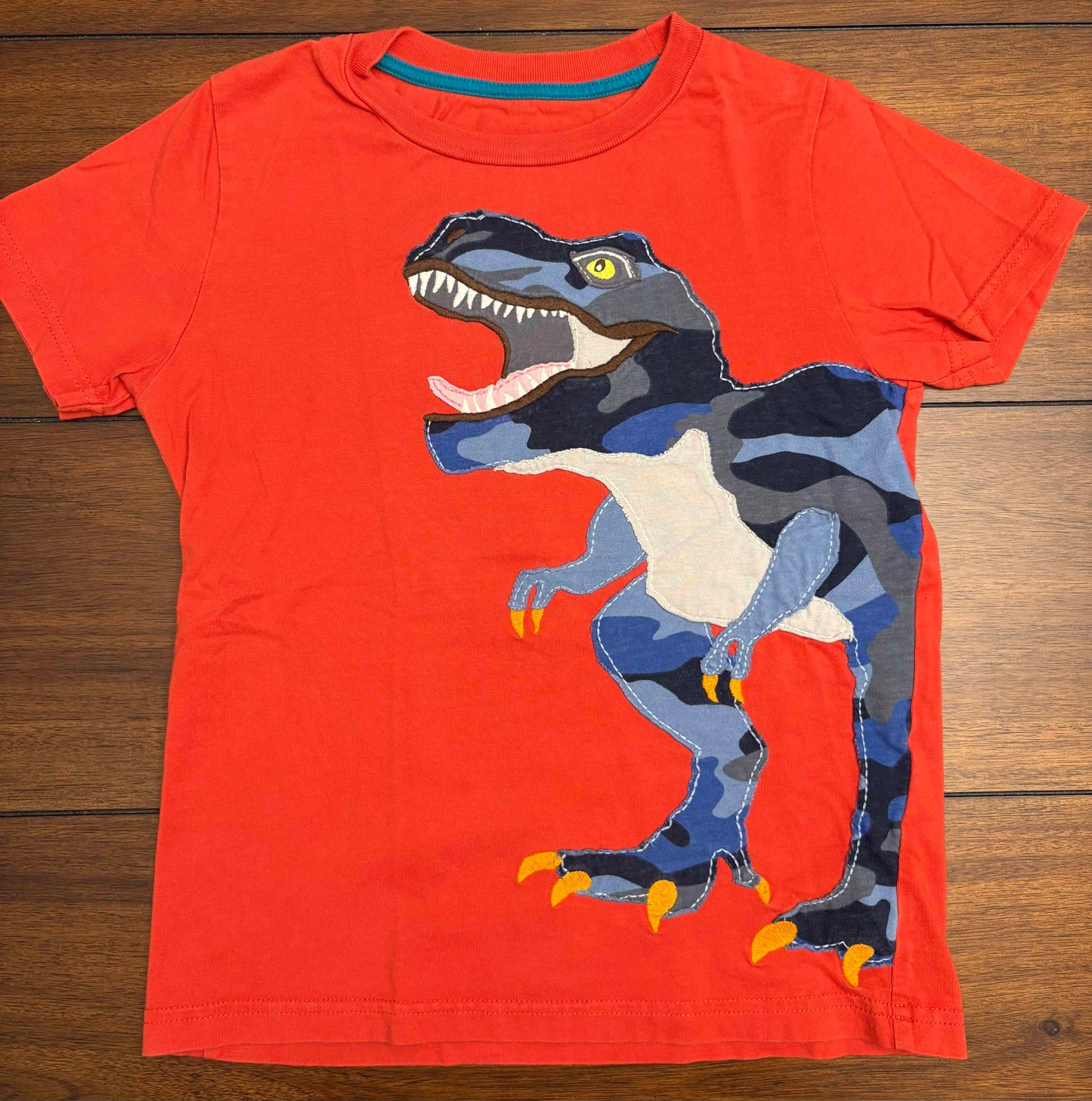 Seller #210 Mini Boden Boys Size 5-6 Orange with Blue Dinosaur Appliqué Shirt