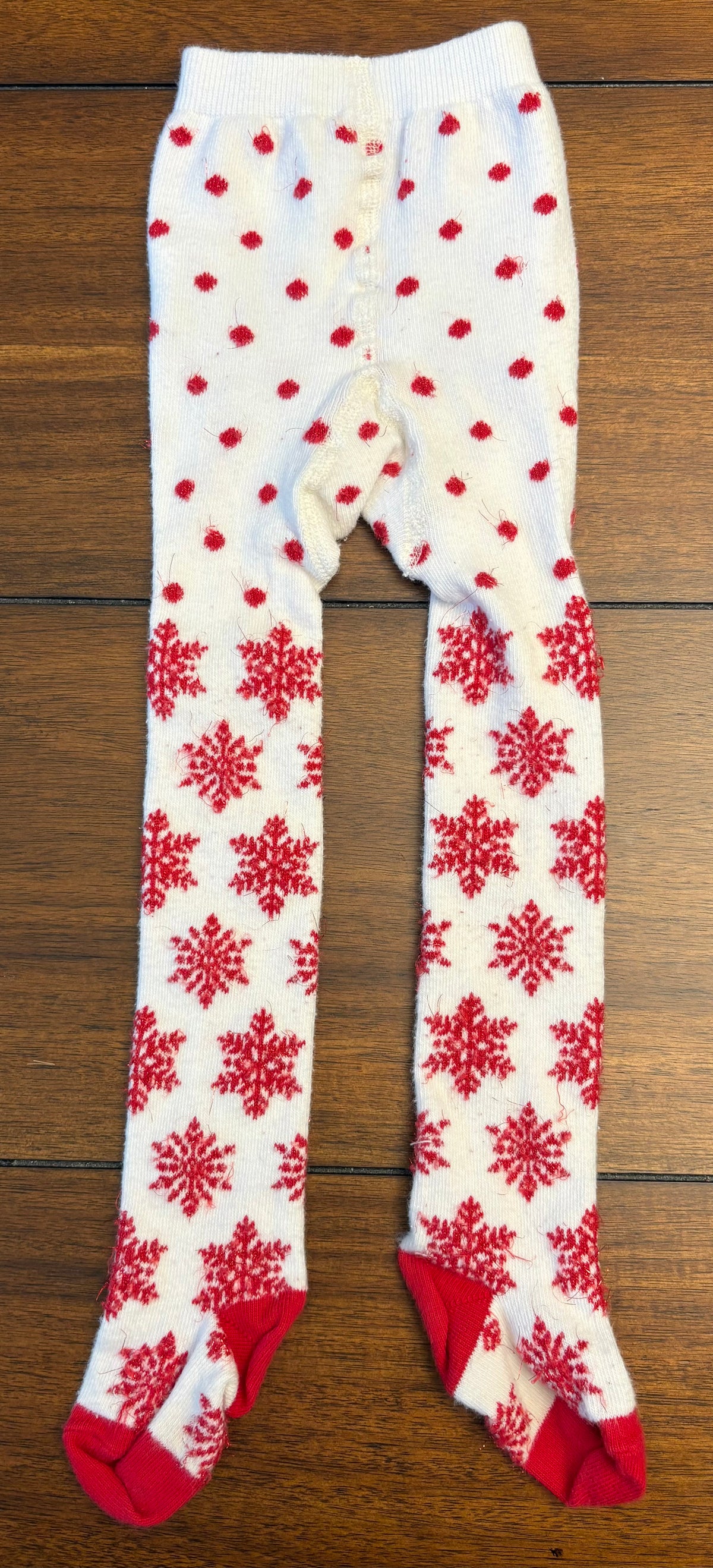 #197 Hanna Andersson Girls Size 2 -3 (80/90) White Footed Tights with Red Glitter Snowflakes