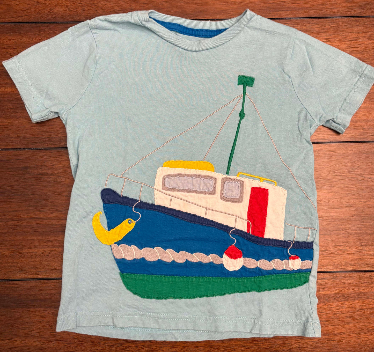 Seller #210 Mini Boden Boys Size 5-6 Light Aqua Fishing Boat Appliqué T-shirt