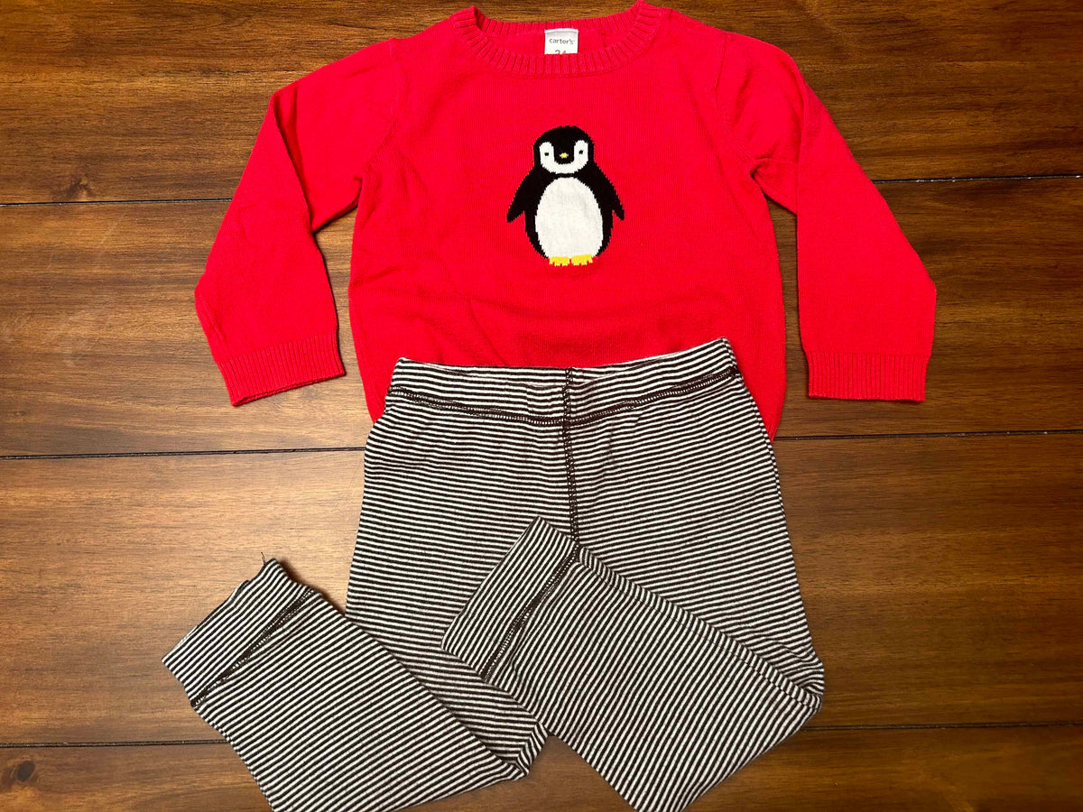 #197 Carter's Boys Size 24M Red & Black Penguin Sweater & Striped Pants Set