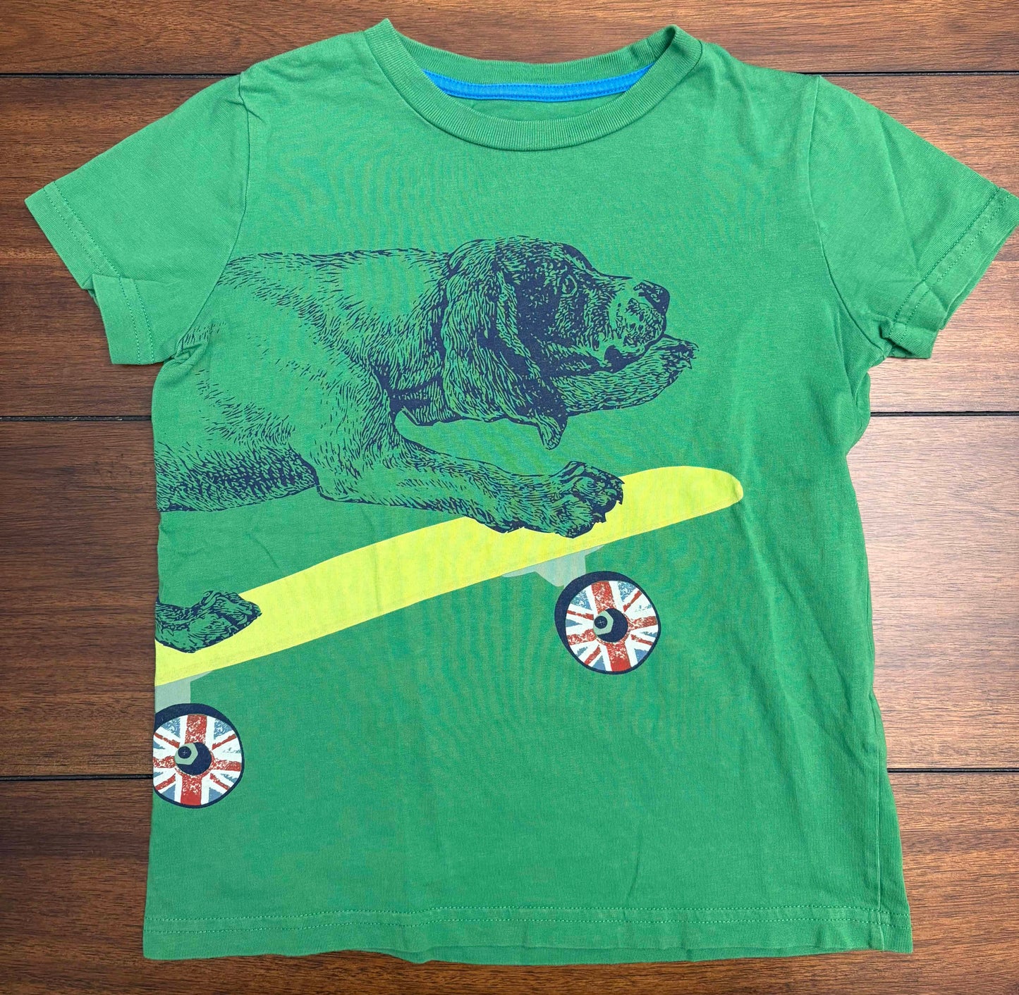 Seller #210 Mini Boden Boys Size 5-6 Green with Navy Dog on Skateboard Graphic Shirt