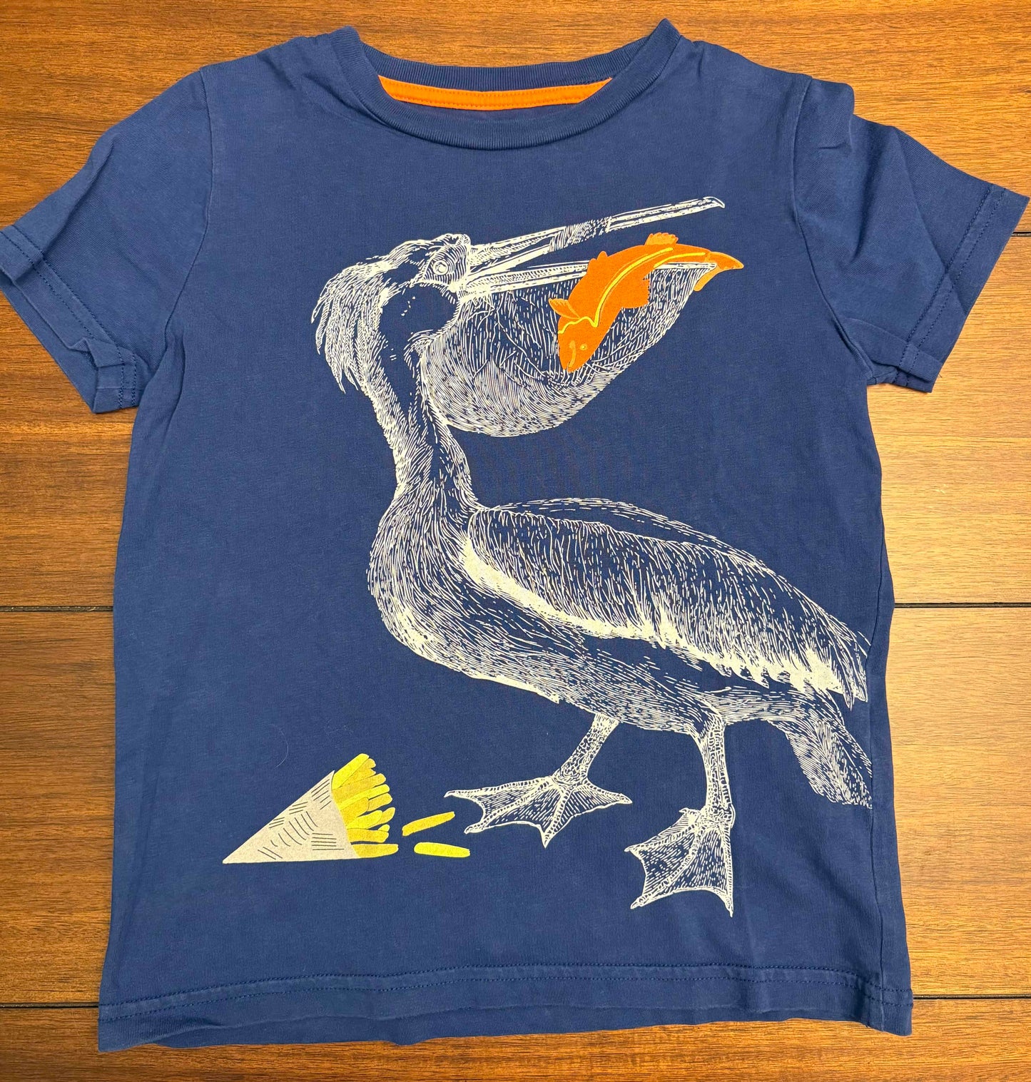 Seller #210 Mini Boden Boys Size 5-6 Blue with White Pelican Graphic Shirt