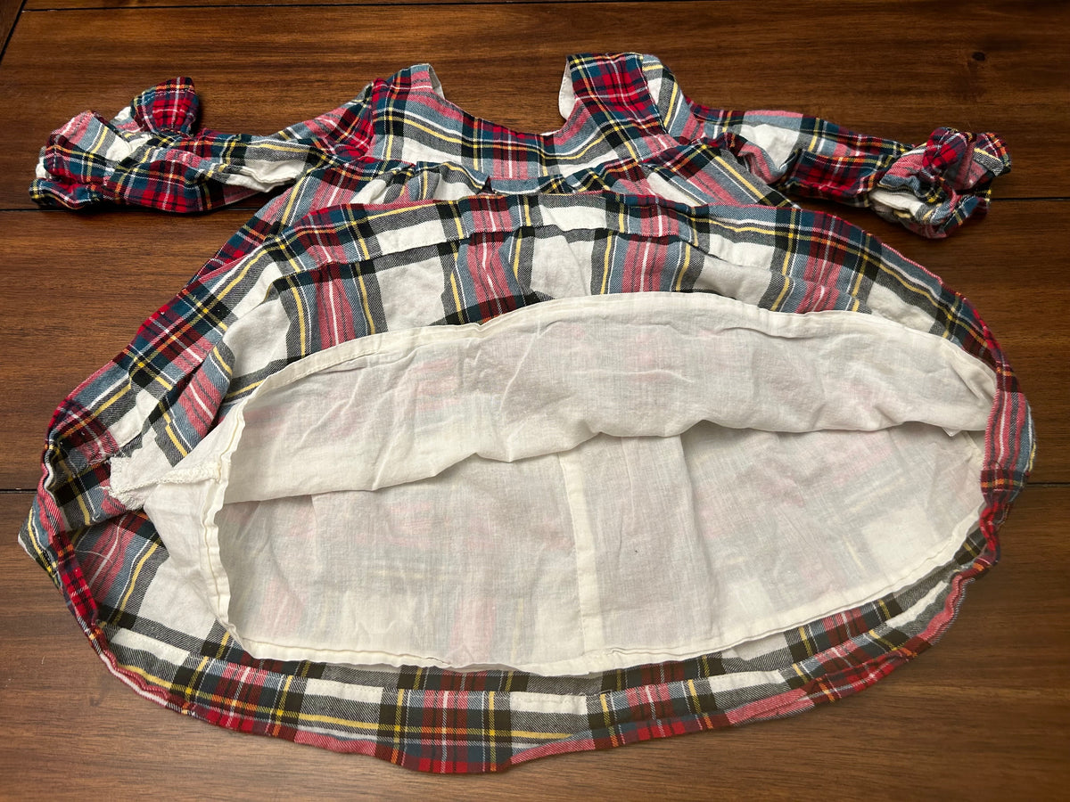 #197 Gap Girls Size 12-18M Red Cream & Green Plaid Flannel Lined Long Sleeve Dress
