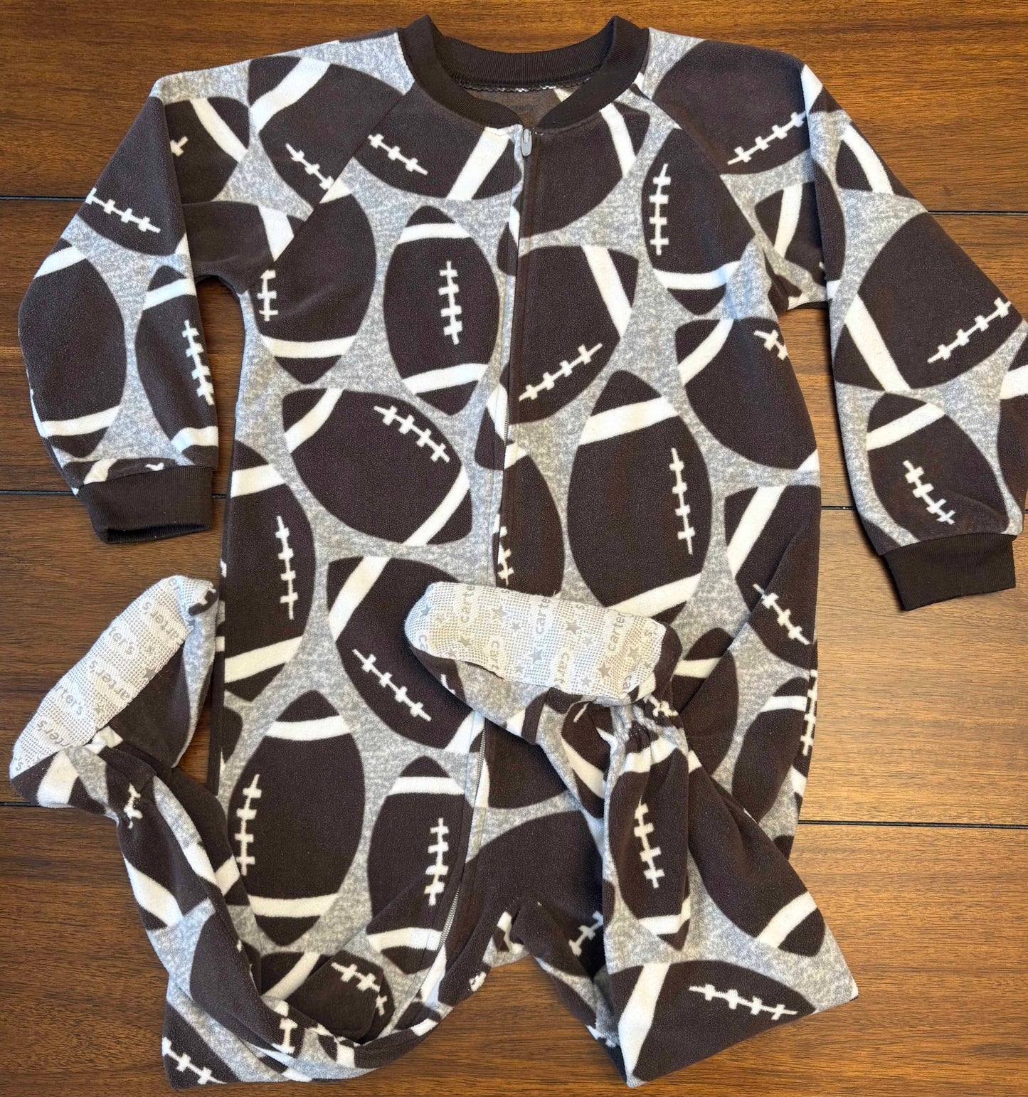 Seller #210 Carter's Boys Size 4T Gray & Brown Camo & Football Printed Fleece Footed Zipper Sleeper Bundle