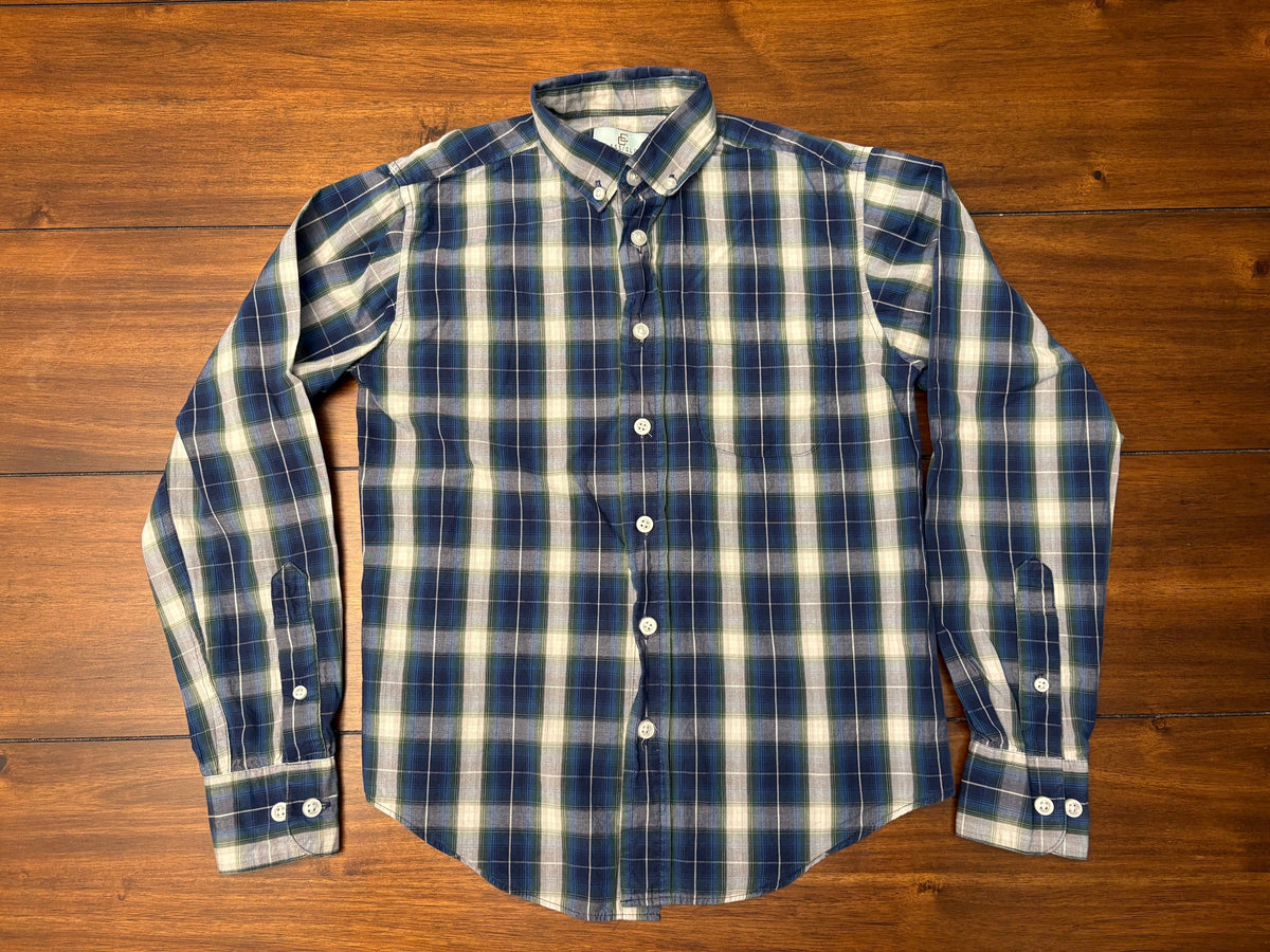 #197 Cass Club Boys Size 10-12 Navy Green & White Plaid Long Sleeve Button Down Dress Shirt MODERN Fit