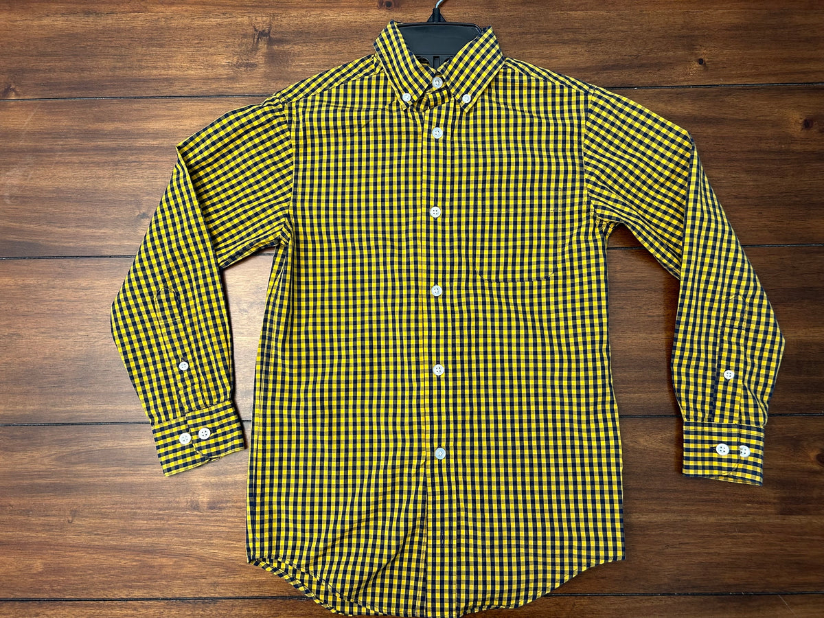 #197 Cass Club Boys Size 8 Navy & Gold Checked Long Sleeve Button Down Dress Shirt