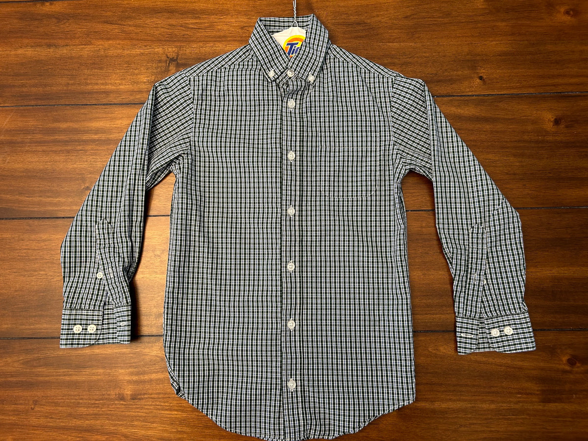 #197 Cass Club Boys Size 8 Navy Green & White Striped Long Sleeve Button Down Dress Shirt
