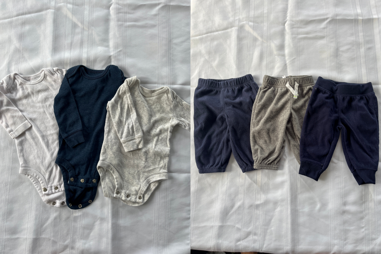 #29 3 mo Boys sweat pants and onesies set of 3 EUC