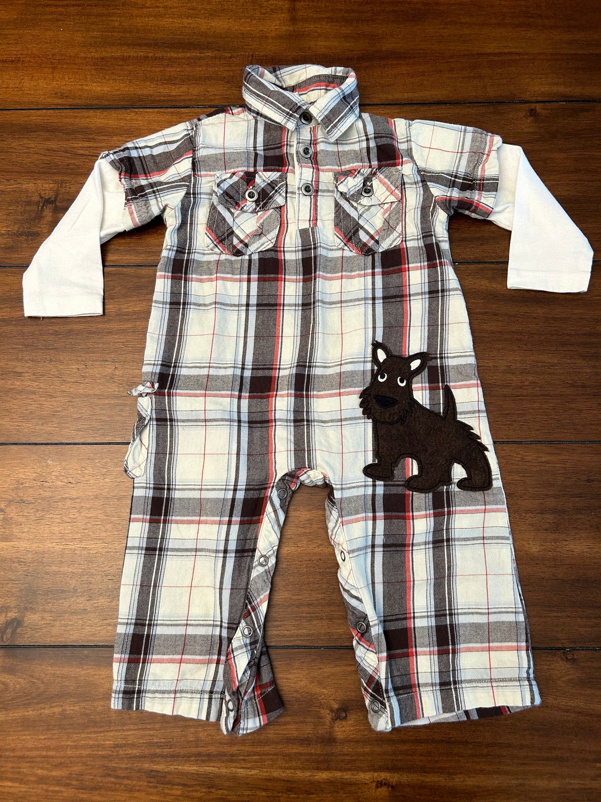 #197 Disney Boys Size 18M Maroon and Cream Brown & Light Blue Plaid Scottie Dog Appliqué One Piece Bundle