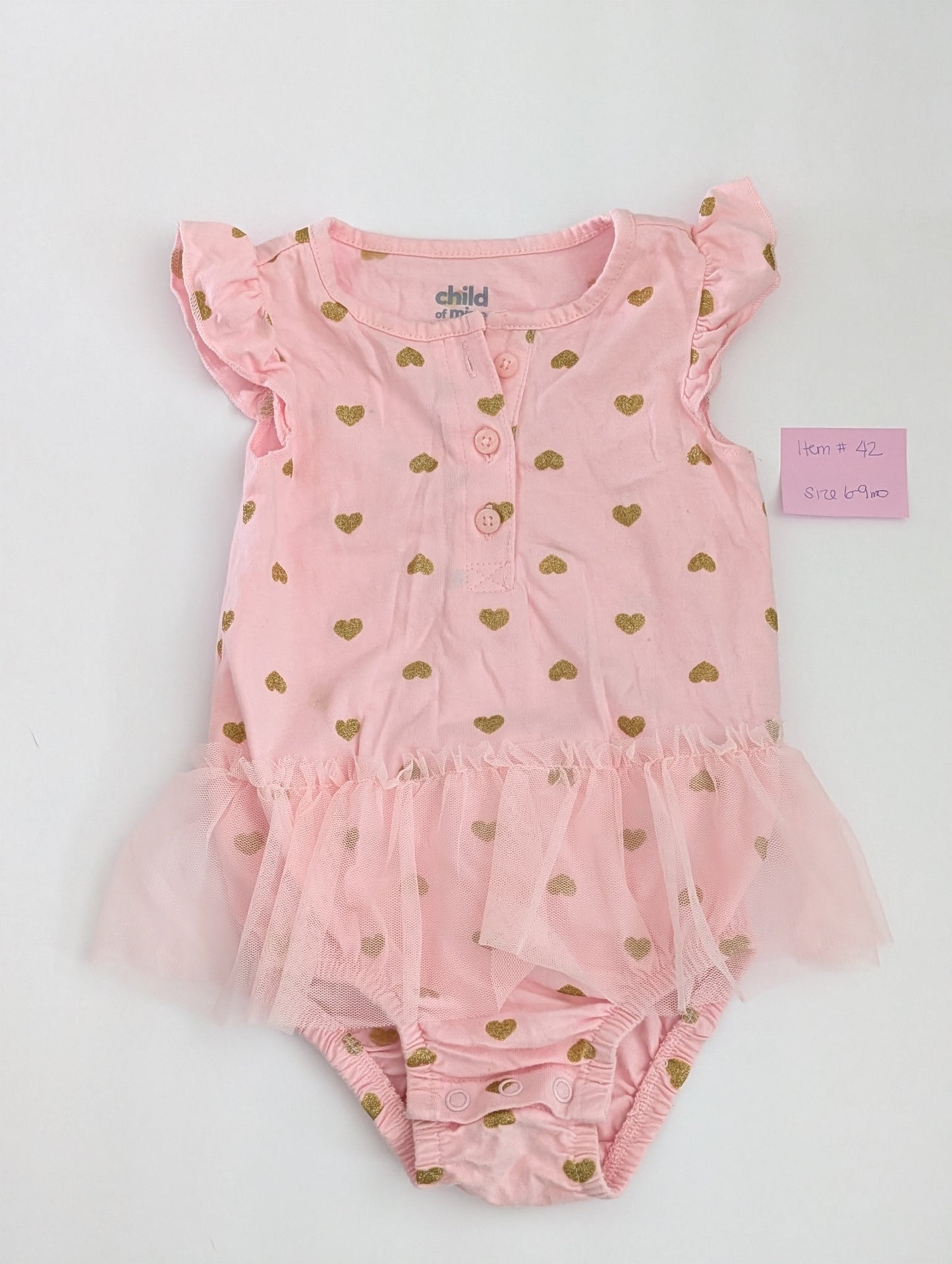 Seller 97, Child of Mine, Pink w/gold Hearts Skirted Onesie, Baby Girl, Size 6-9mo (item 42)