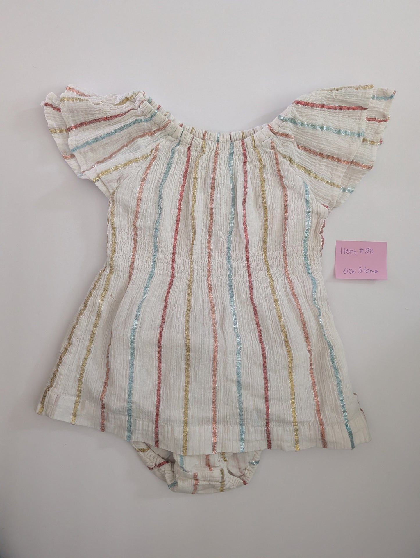 Seller 97, Metallic Striped Dress w/Bloomer, Baby Girl, size 3-6mo (item 50)