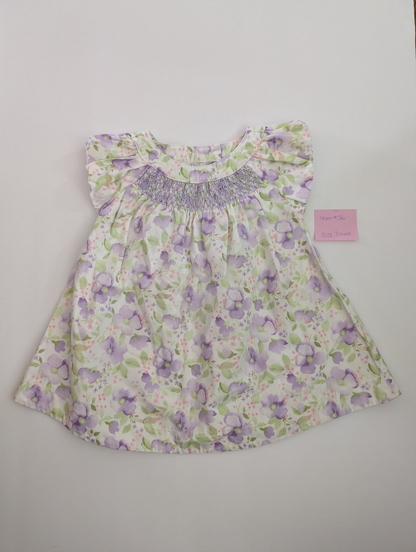 Seller 97, Gymboree Smocked Purple Flower Dress, Baby Girl, Size 3-6mo (item 56)