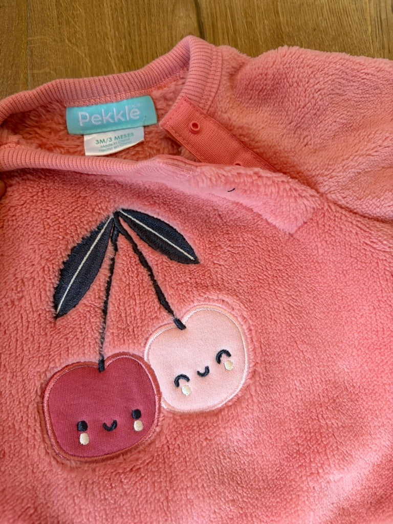 #6 - Pekkle Girls Fuzzy Pink Outfit with Cherries - 3 months