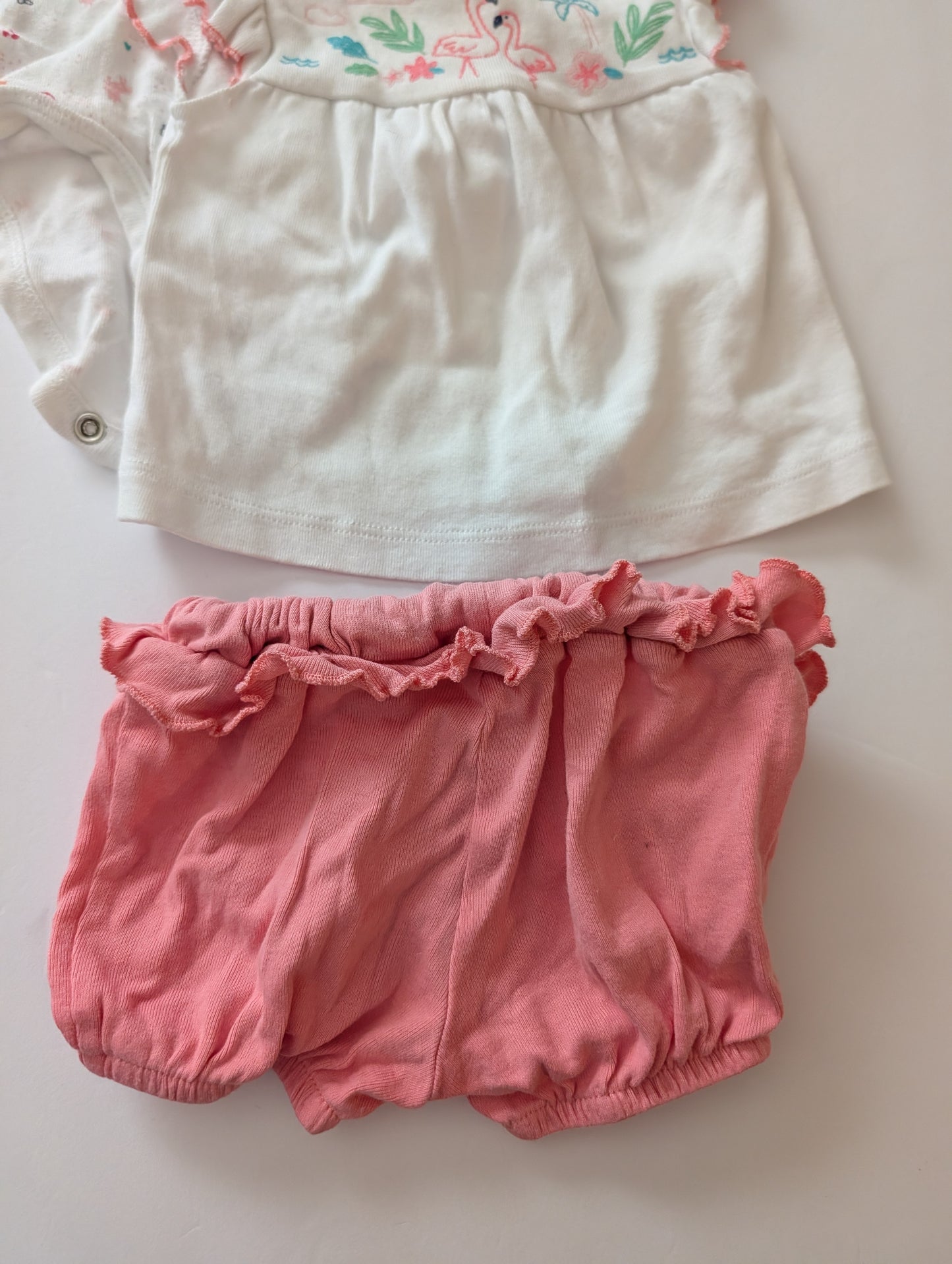 Seller 97, Carter's Flamingo Ruffle Sleeve Shirt w/Ruffle Bubble shorts, baby girl, size 3mo (item 152)