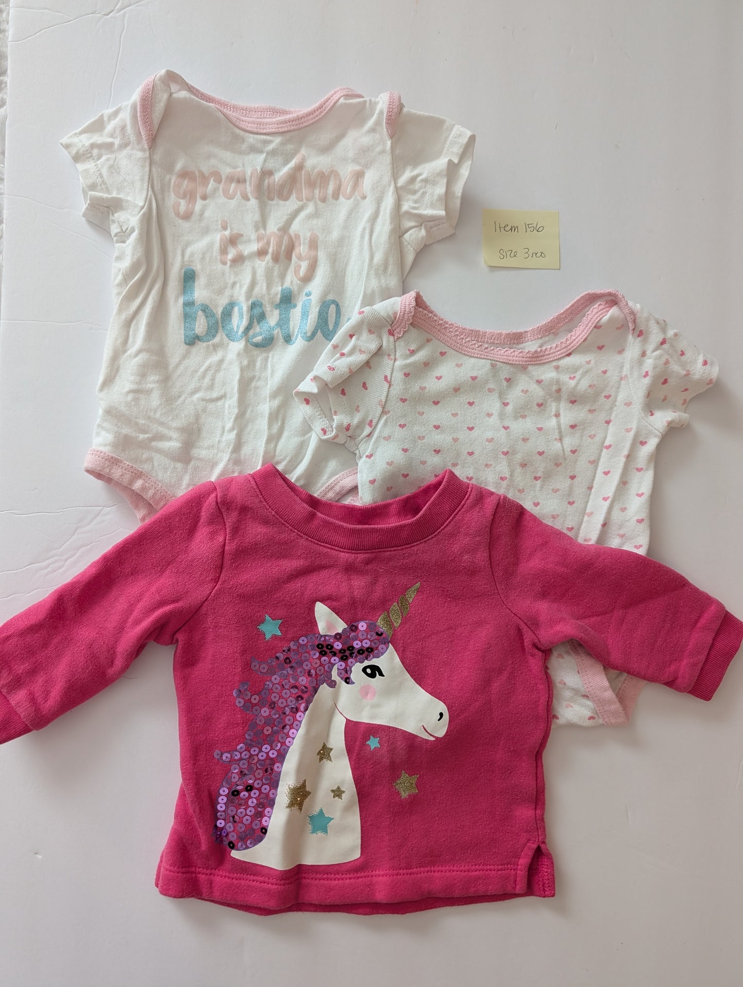 Seller 97, Unicorn Sequin Sweatshirt & 2 Onesies Bundle, baby girl, size 3mo (item 156)