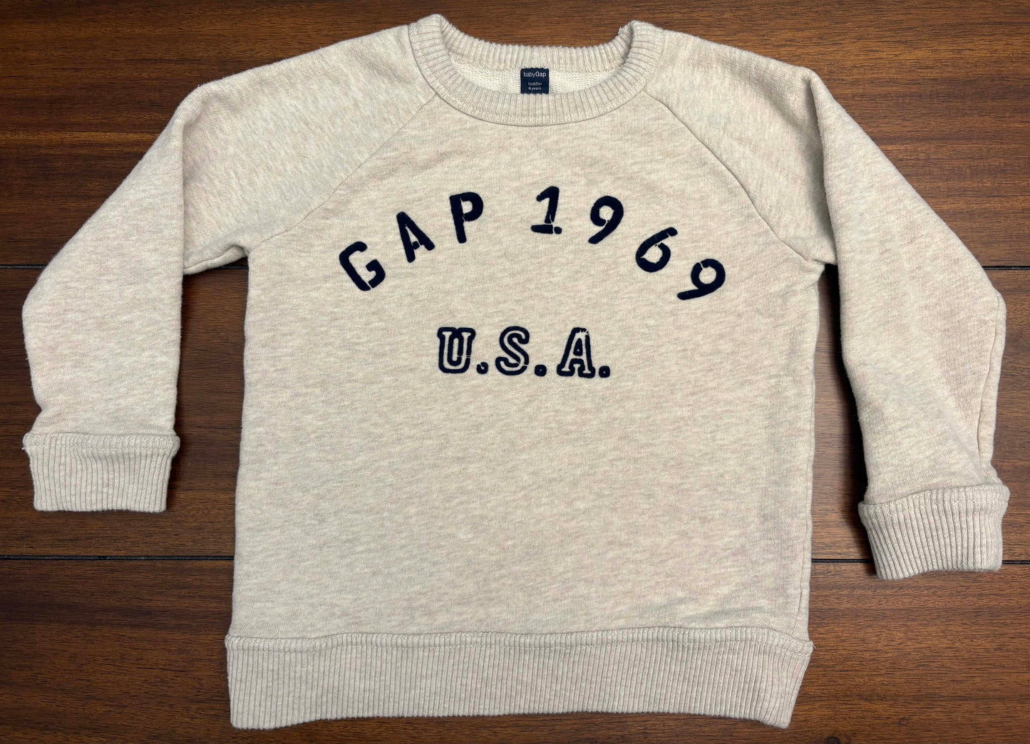 Seller #210 Baby Gap Boys Size 4 Cream GAP 1969 Felt Embellished Sweatshirt