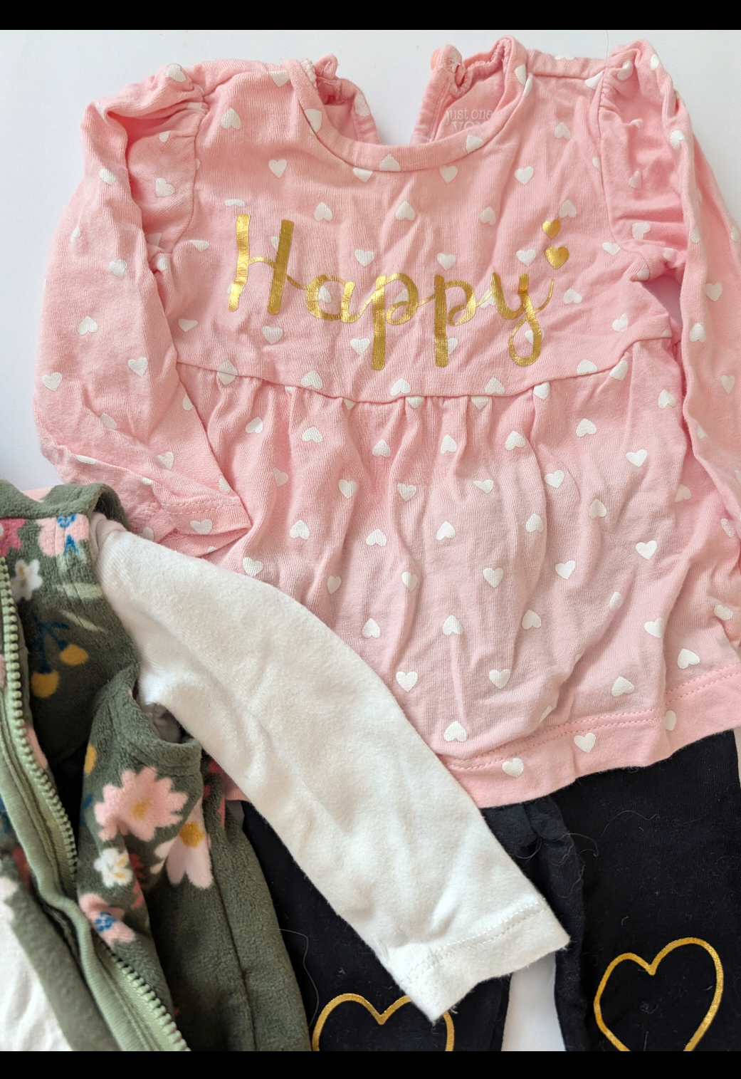 *Reduced* Seller 97, Carter's Sage Green Floral Fleece Vest Outfit & Gold "Happy" Heart Outfit, baby girl, size 3mo (item 149)