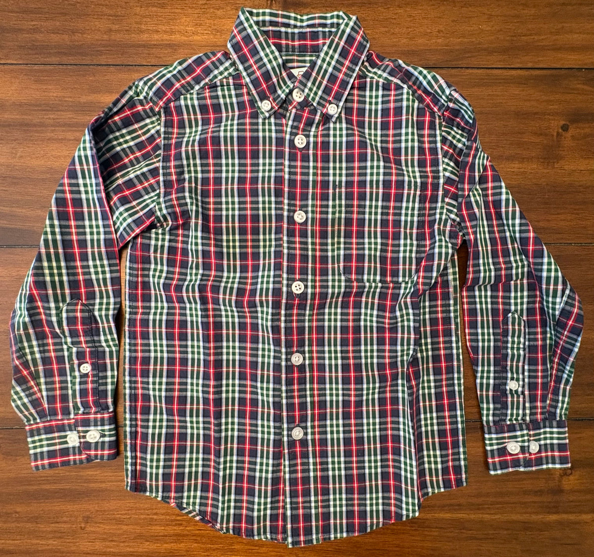 #197 Cass Club Boys Size 4/5 Navy Green & Red Plaid Long Sleeve Button Down Dress Shirt