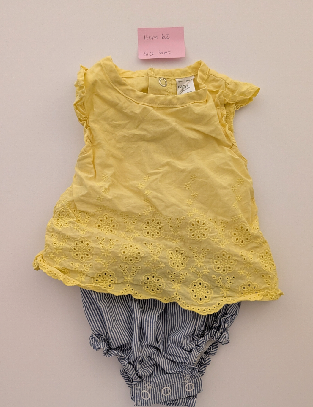 *Reduced* Seller 97, Carter's Blue Seersucker Bubble w/Yellow Eyelet Top detail, baby girl, size 6mo (item 62)