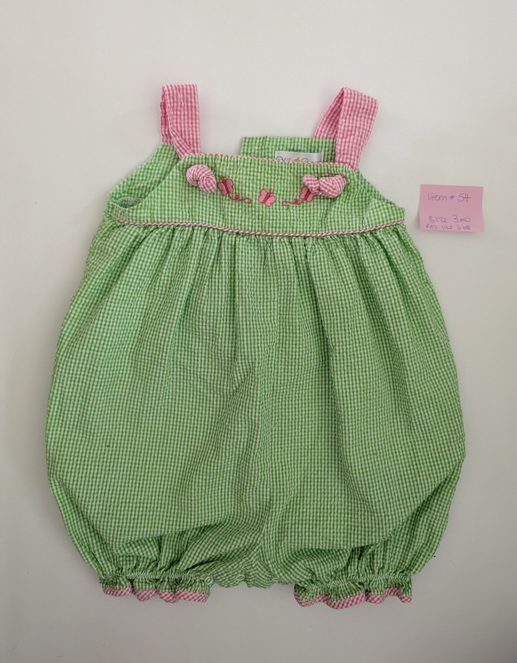 Seller 97, Green & Pink Seersucker Bubble, baby girl, size 3mo (item 54)