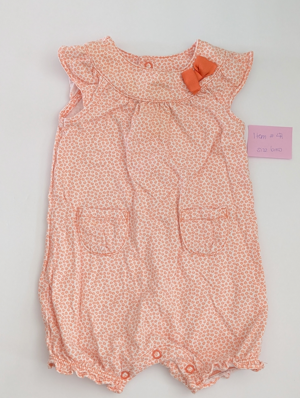 Seller 97, Carter's Orange & White Romper w/bow, baby girl, size 6mo (item 41)