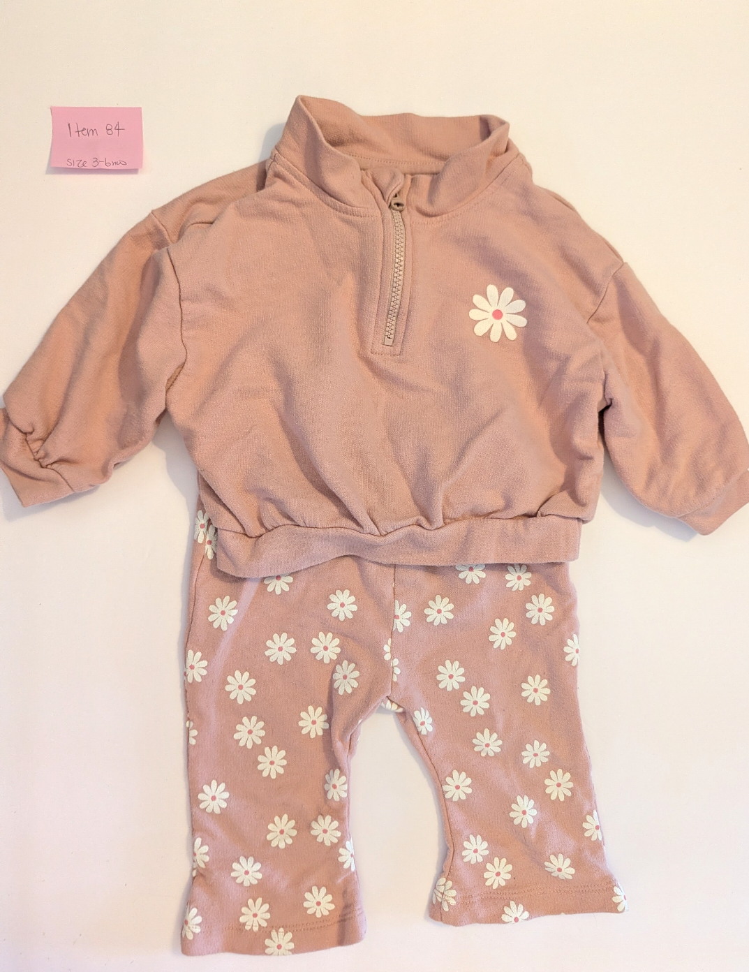Seller 97, Cat & Jack Mauve Quarter Zip & Daisy Bell bottom pant, baby girl, size 3-6mo (item 84)