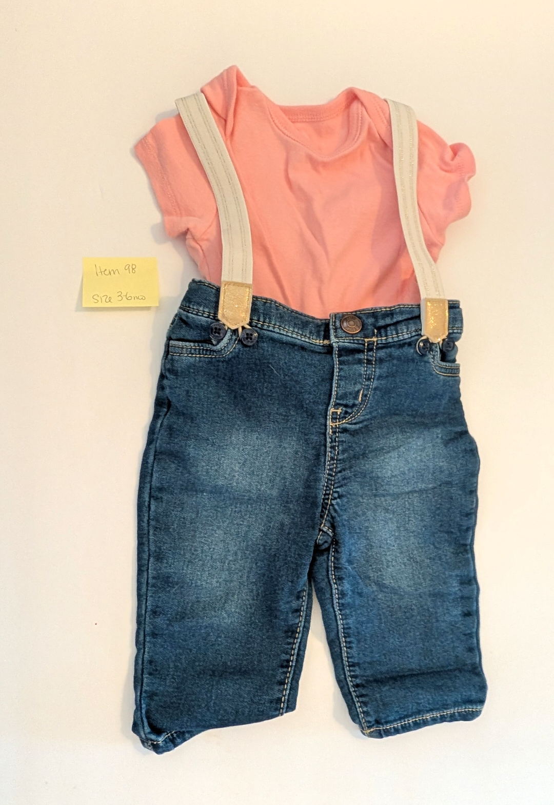 Seller 97, Old Navy Jeans w/Gold Suspenders & Pink Onesie, baby girl, size 3-6mo (item 98)