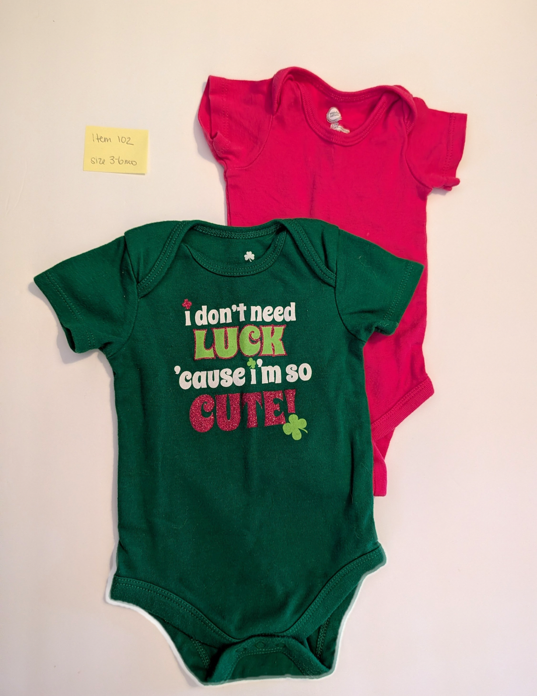 Seller 97, Wonder Nation Pink Onesie & Green"Luck" Onesie, baby girl, size 3-6mo (item 102)